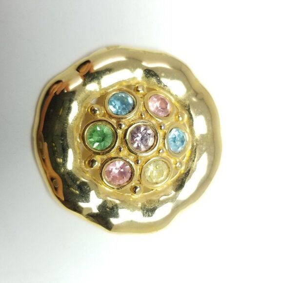 Vintage Gold Tone and Pastel Rainbow Rhinestone Brooch, Unique Retro Shape, 80s - Picture 2 of 6